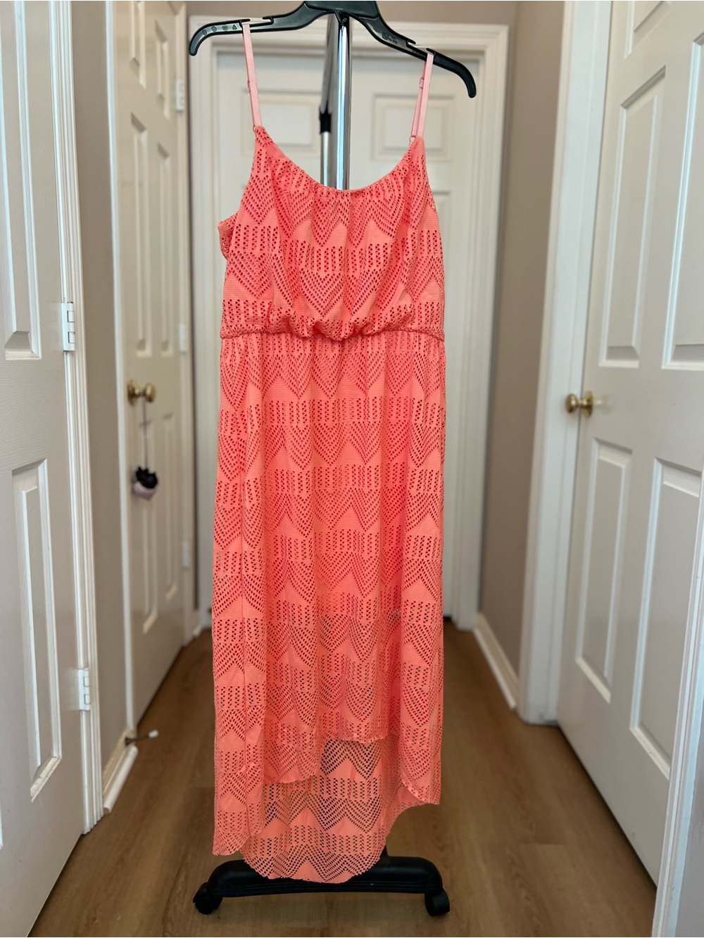 Women's Coral Maxi Dress with Geometric Cutwork